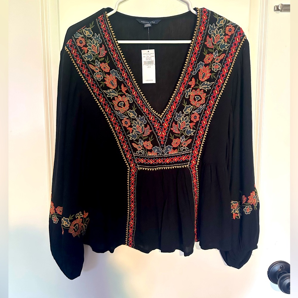 American Eagle Outfitters Black Tunic with Red and Cream Floral Embroidery NWT